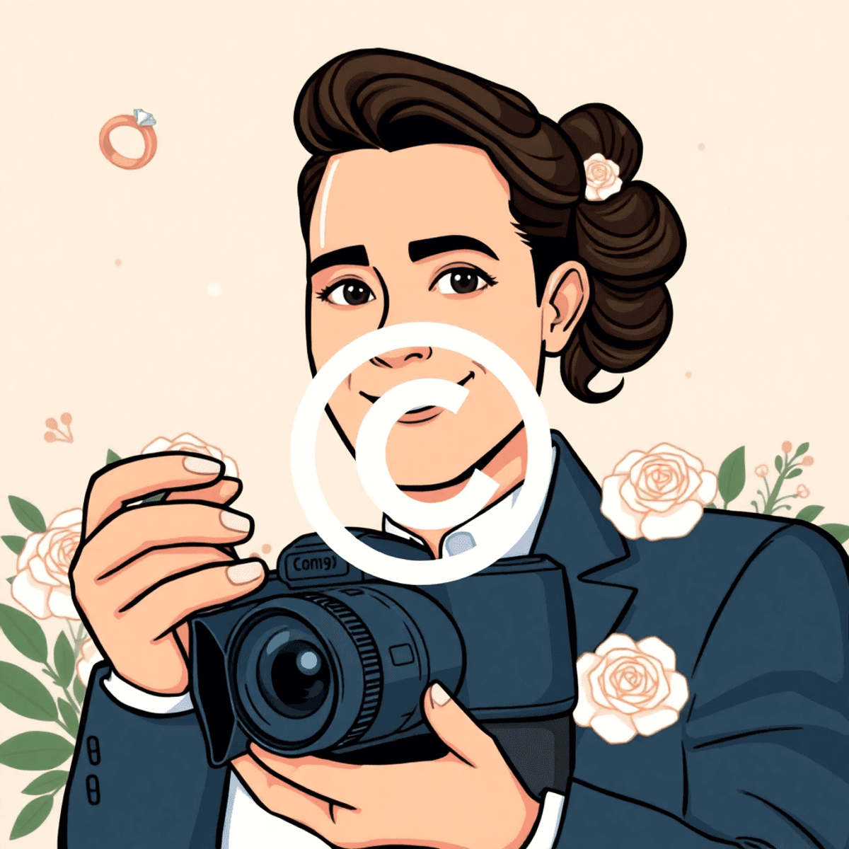 Cartoon wedding photographer with camera, surrounded by rings, bouquets, and copyright icons on a warm, creative background.