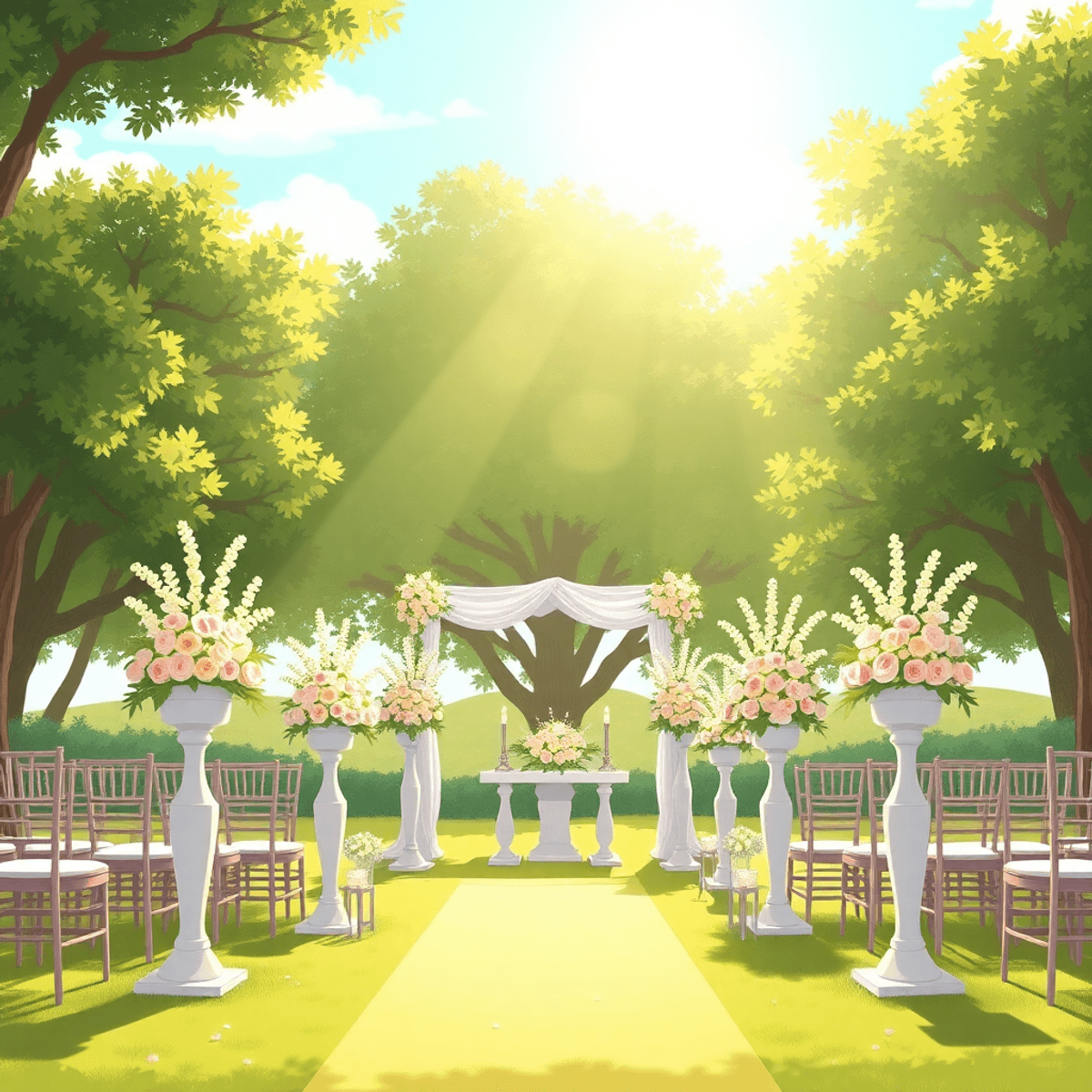 Cartoon-style sunlit outdoor wedding with soft light through trees, elegant floral arrangements, and a beautifully decorated altar.