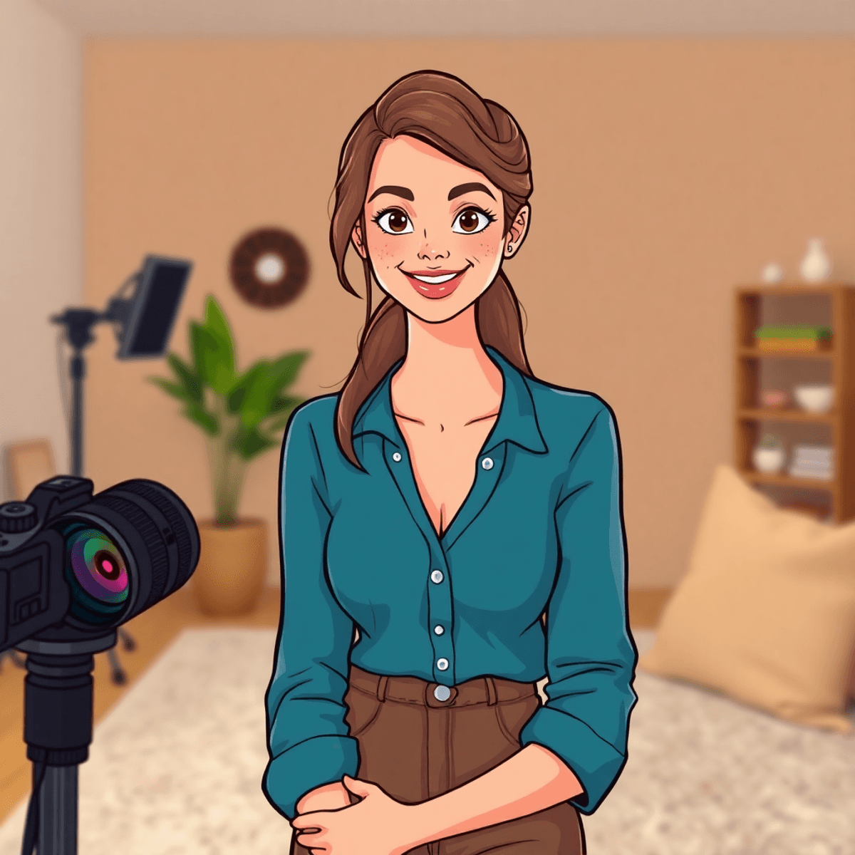 Cartoon of a confident woman posing naturally with soft lighting and a relaxed studio background, showing authentic self-expression and ease.