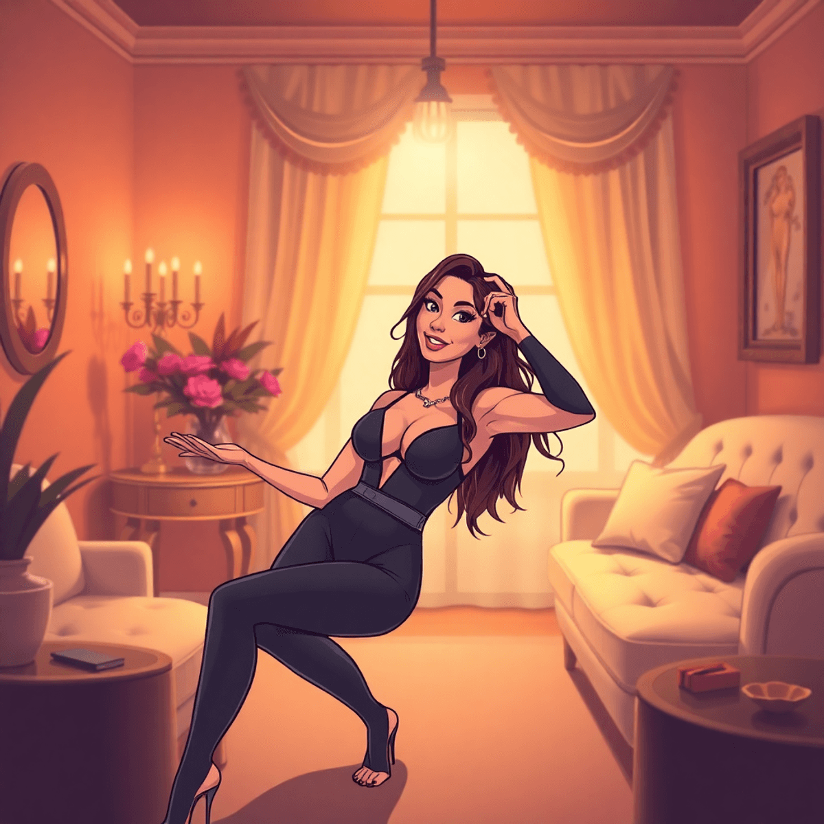 Cartoon of a confident person posing comfortably in a warm, softly lit boudoir studio with elegant decor, radiating self-expression and empowerment.