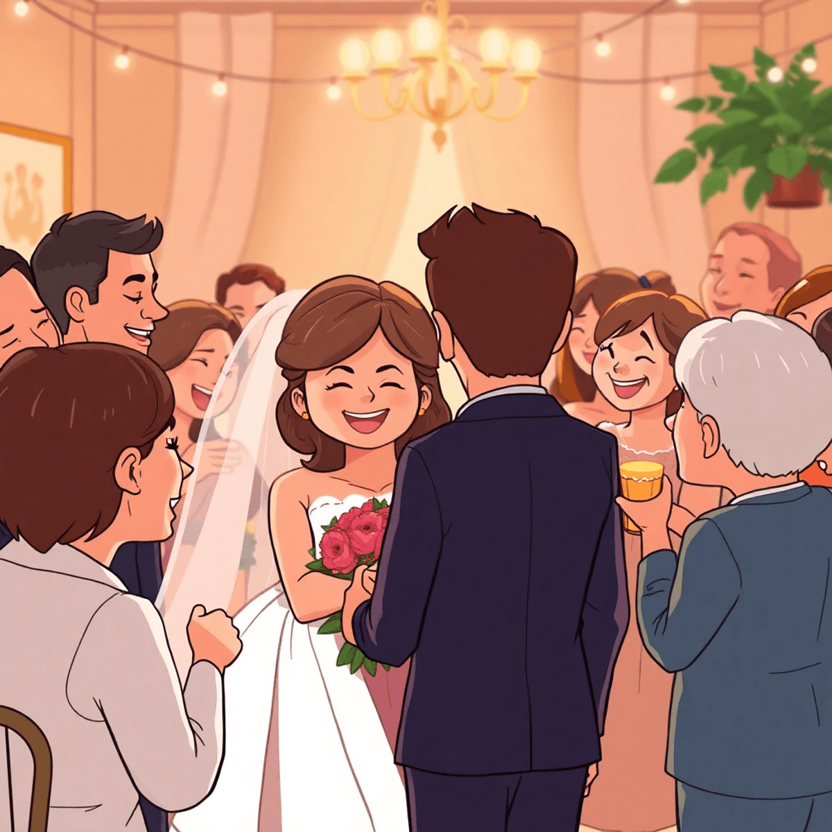 Cartoon-style micro-wedding with a small group sharing heartfelt moments, soft lighting, and simple elegant decor in an intimate setting.