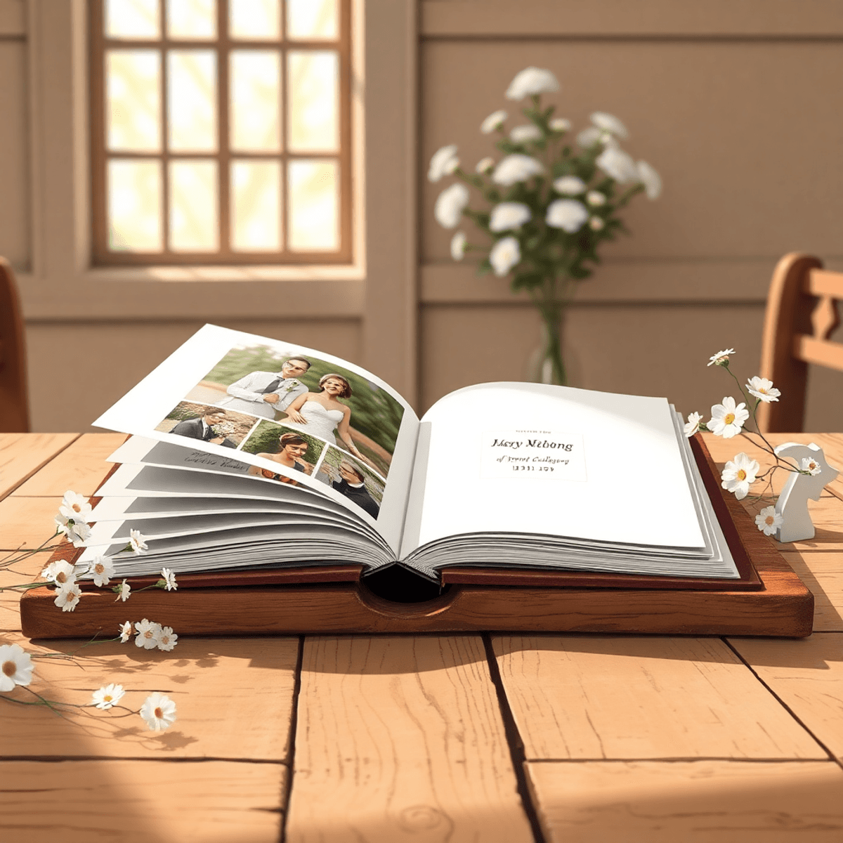 Cartoon-style wedding album open on rustic wooden table with soft light and delicate floral accents, evoking timeless elegance and personalized memories.
