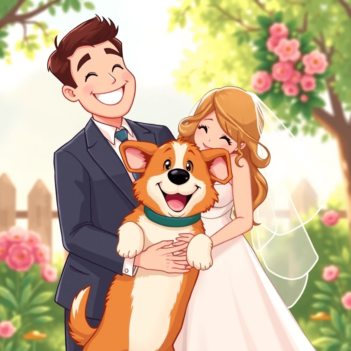 Cartoon of a happy couple embracing with their playful dog outdoors, surrounded by greenery and soft natural light, capturing warmth and love.
