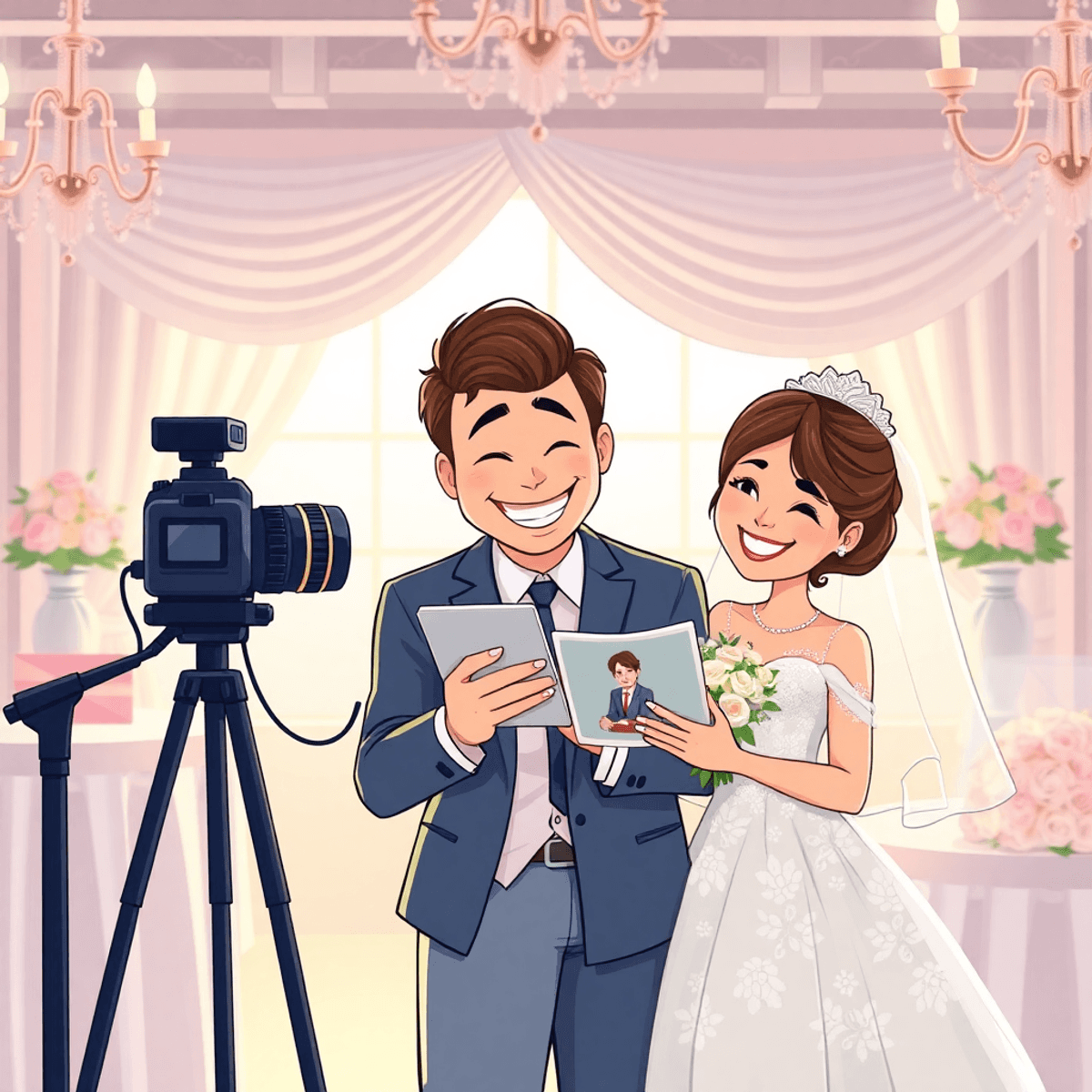 Cartoon of a joyful couple reviewing wedding photos with a photographer, surrounded by elegant wedding decor and soft natural lighting.
