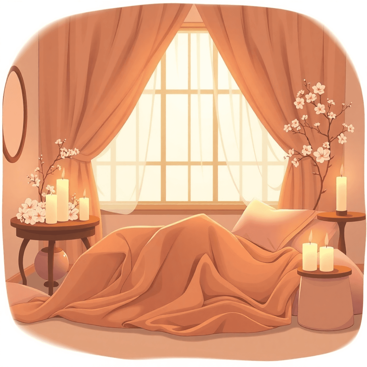 Cartoon-style boudoir with soft silk and velvet fabrics, warm tones, candlelight, and delicate flowers creating an intimate, elegant atmosphere.