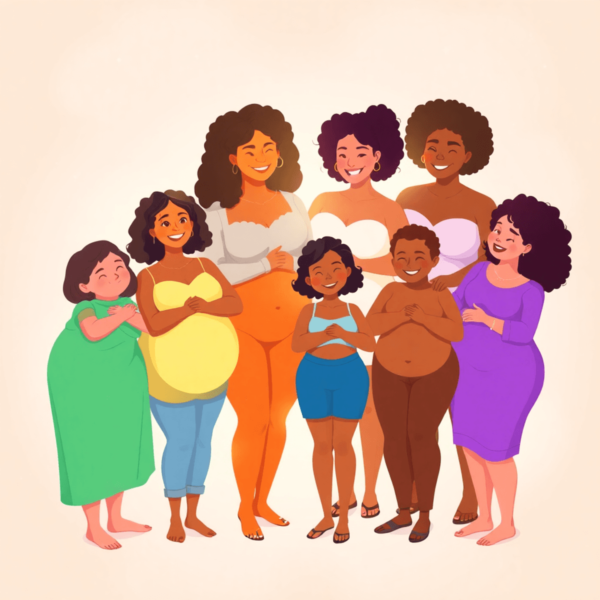 Cartoon of a diverse group embracing their natural bodies confidently, surrounded by soft glowing light symbolizing self-acceptance and empowerment.