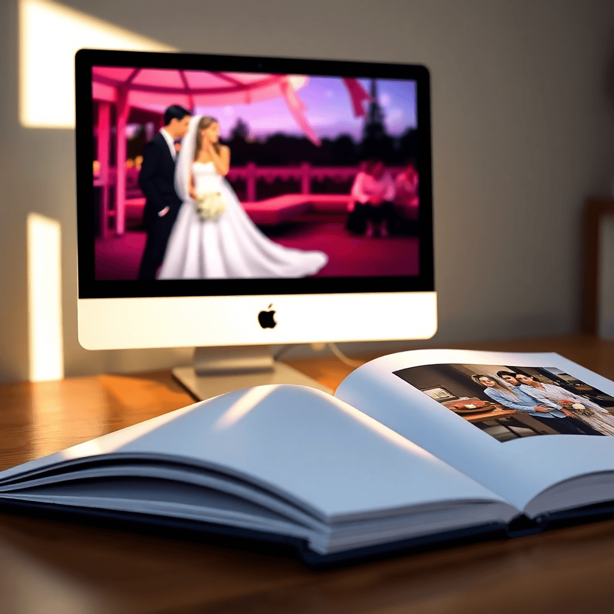 Cartoon-style close-up of a vibrant wedding photo on a high-res monitor beside a printed album page, showing color tone differences under soft natural light.