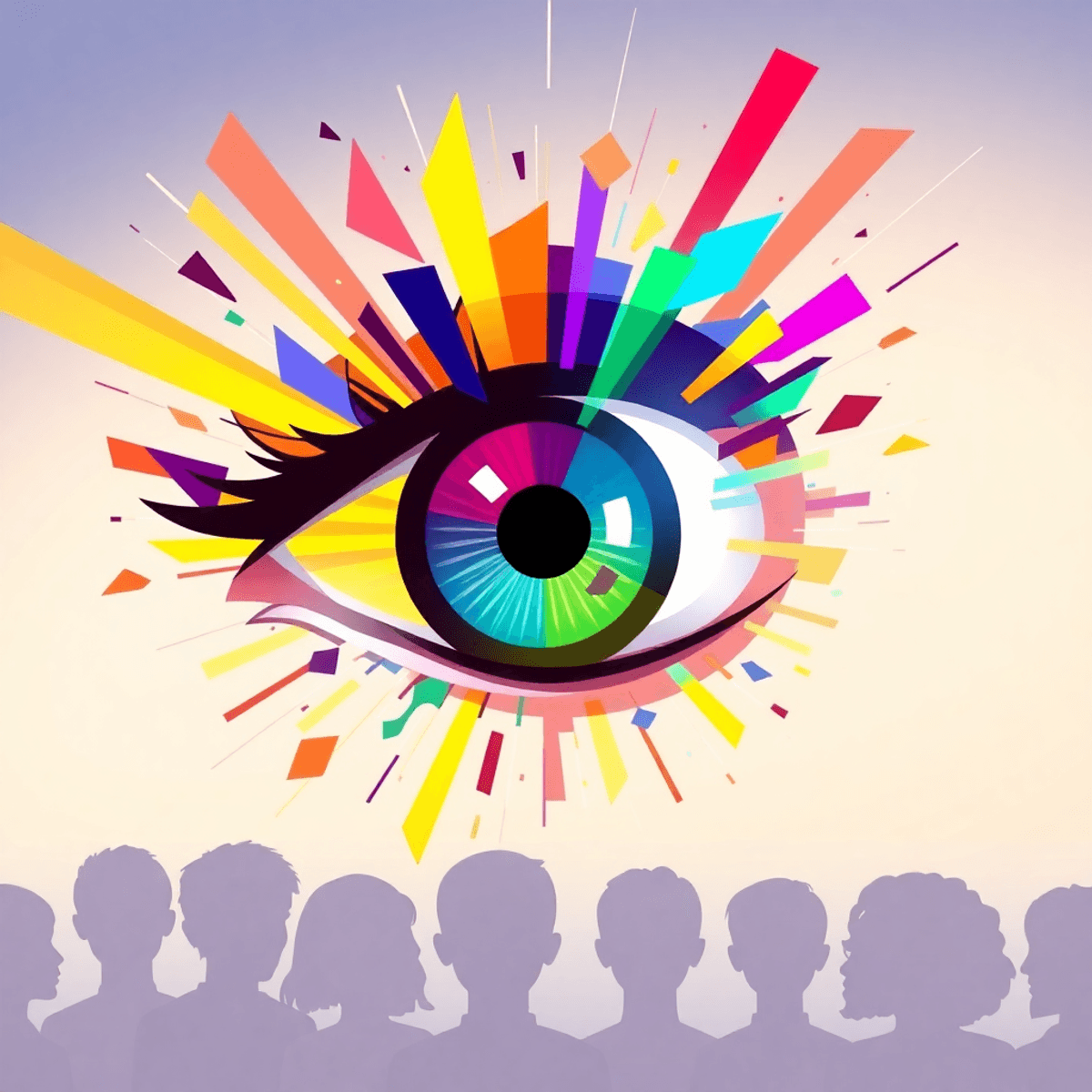 Abstract cartoon eye with colorful light rays and geometric shapes radiating outward, soft gradient background with subtle face silhouettes blending into the light.