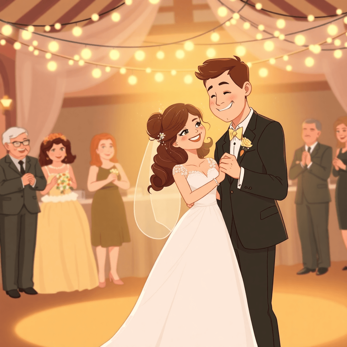 Cartoon of a bride and groom sharing their first dance under fairy lights, with parents watching lovingly in the background.