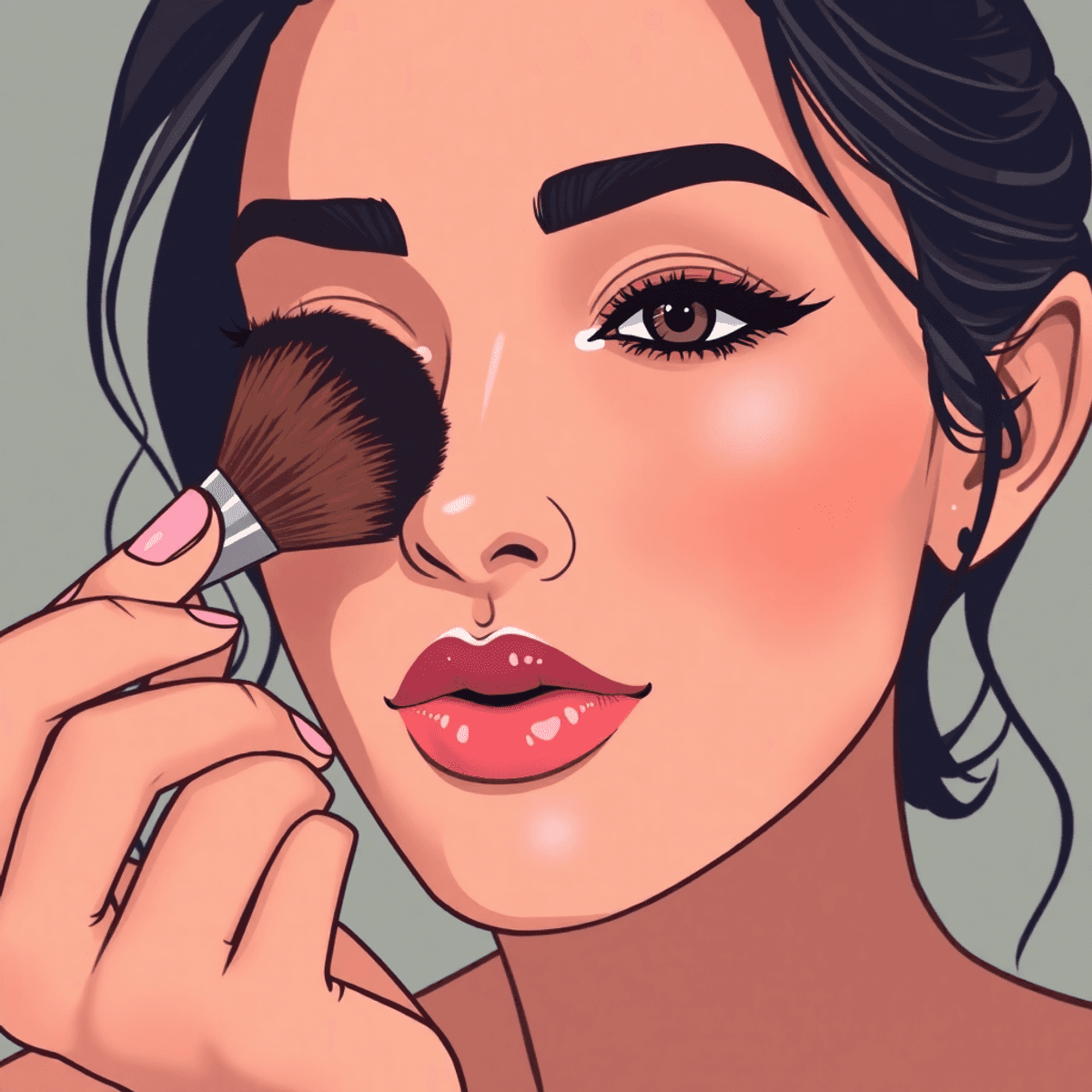 Close-up cartoon of a makeup brush applying glowing makeup on a woman's face with soft lighting, highlighting confidence and authenticity.