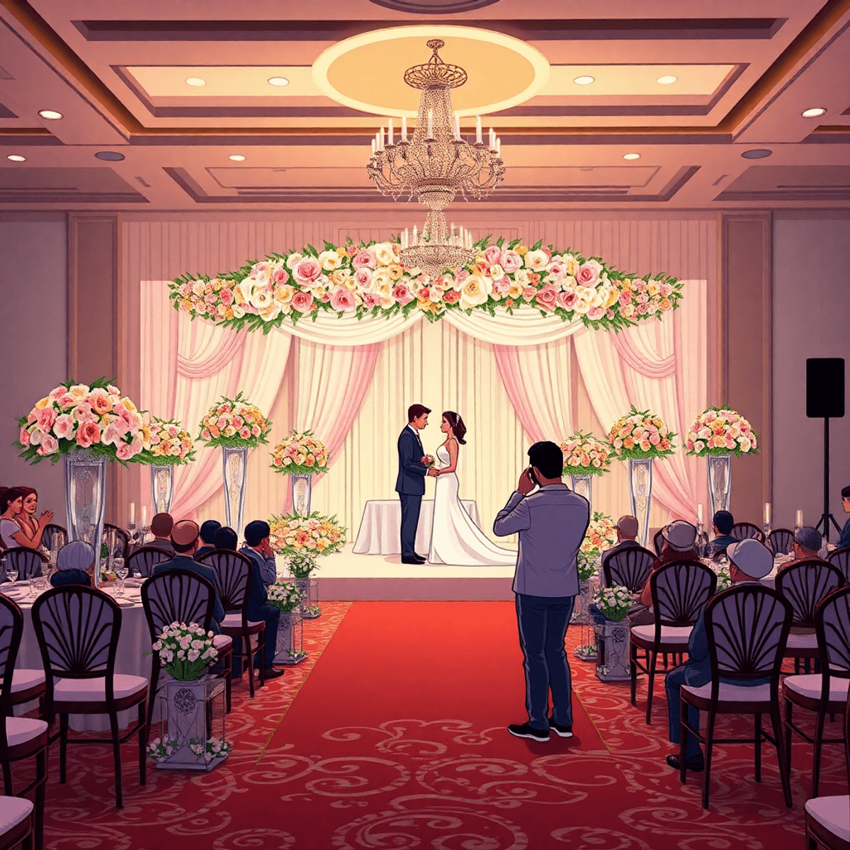Cartoon of a multi-day wedding setup with elegant flowers, varied lighting, and a photographer capturing moments across different venues.