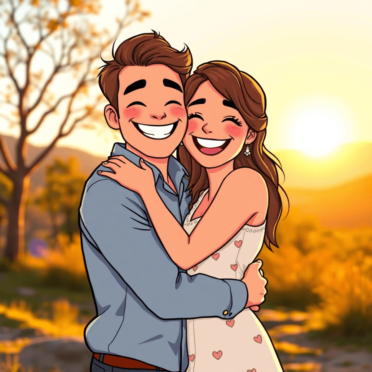 Cartoon couple embracing outdoors in warm golden sunlight, surrounded by natural scenery, expressing love and happiness.
