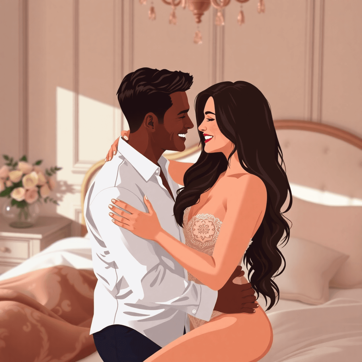 Cartoon-style intimate couple in soft natural light, sharing tender touches and smiles in a cozy, elegant bedroom, highlighting connection and trust.