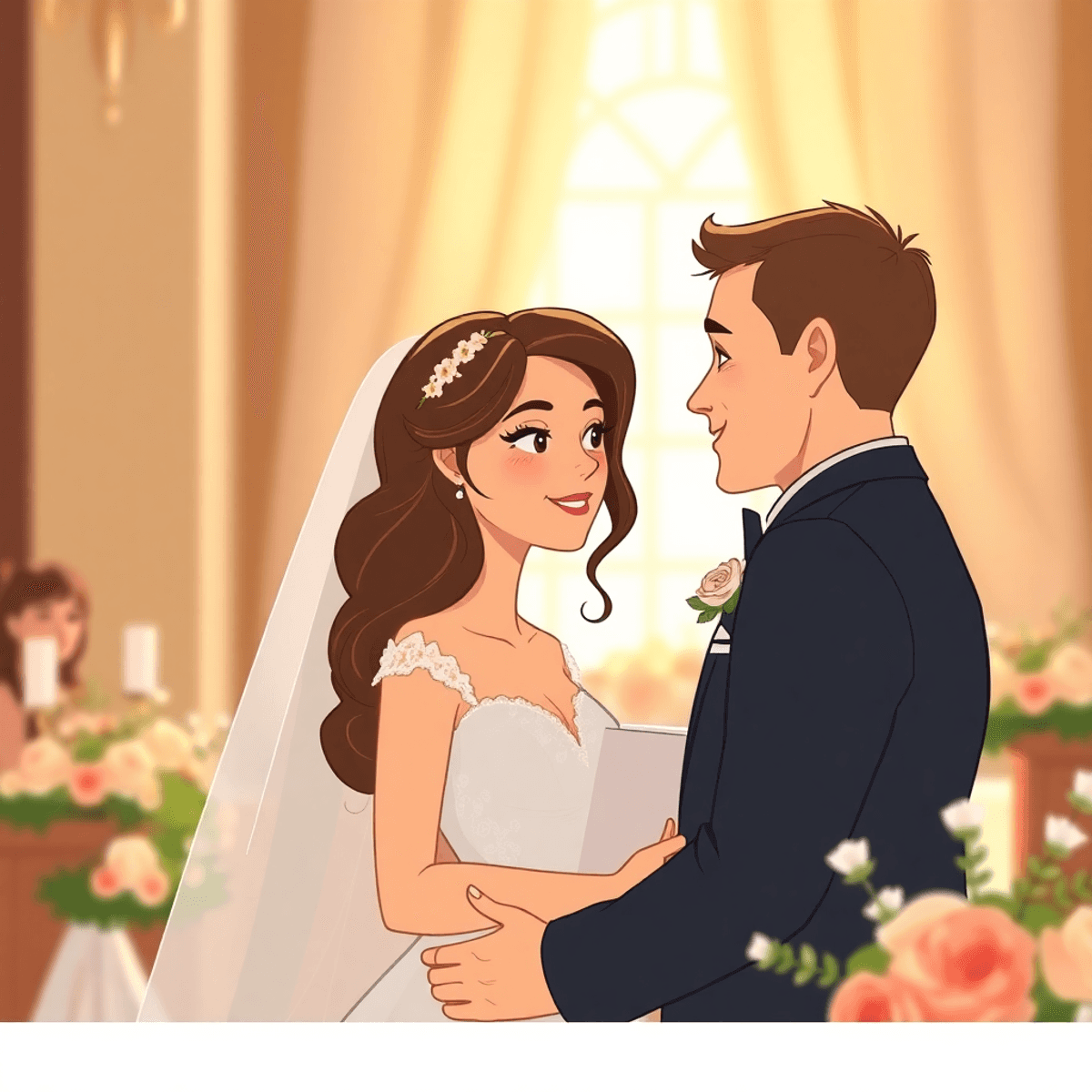 Cartoon-style close-up of a bride and groom sharing an emotional moment, surrounded by soft light and delicate floral decorations at a wedding ceremony.