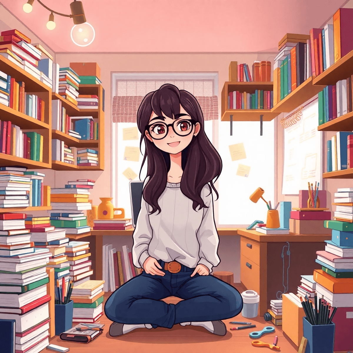 Cartoon-style cozy creative space with books, hobby tools, and soft lighting, evoking self-expression and personalization.