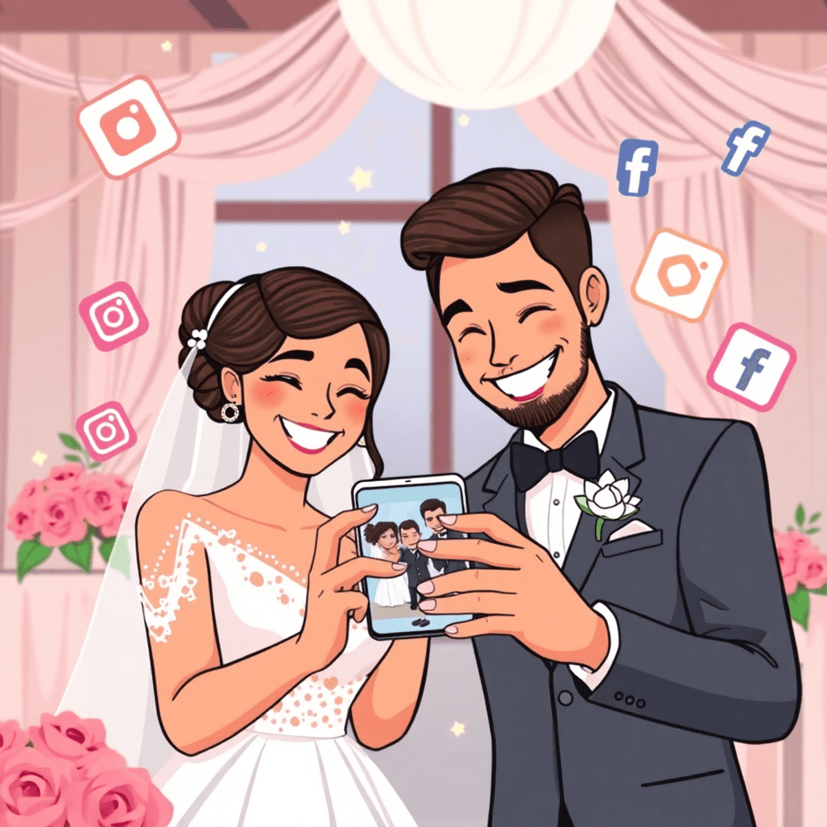 Cartoon of a joyful couple at a wedding looking at smartphone photos, surrounded by decorations and floating social media icons for instant sharing.