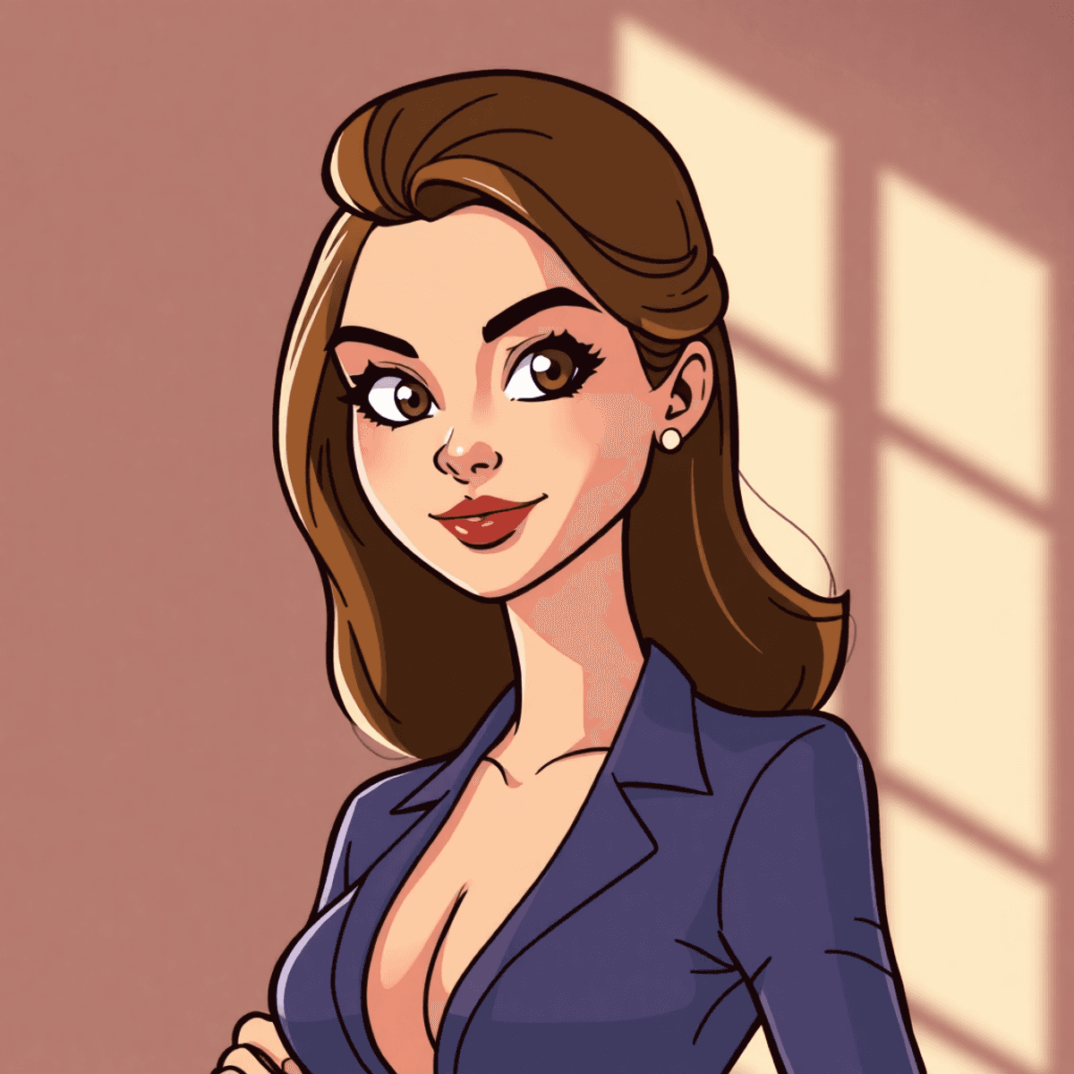 Cartoon of a confident woman with strong posture and direct eye contact, soft natural lighting, and a simple elegant background.
