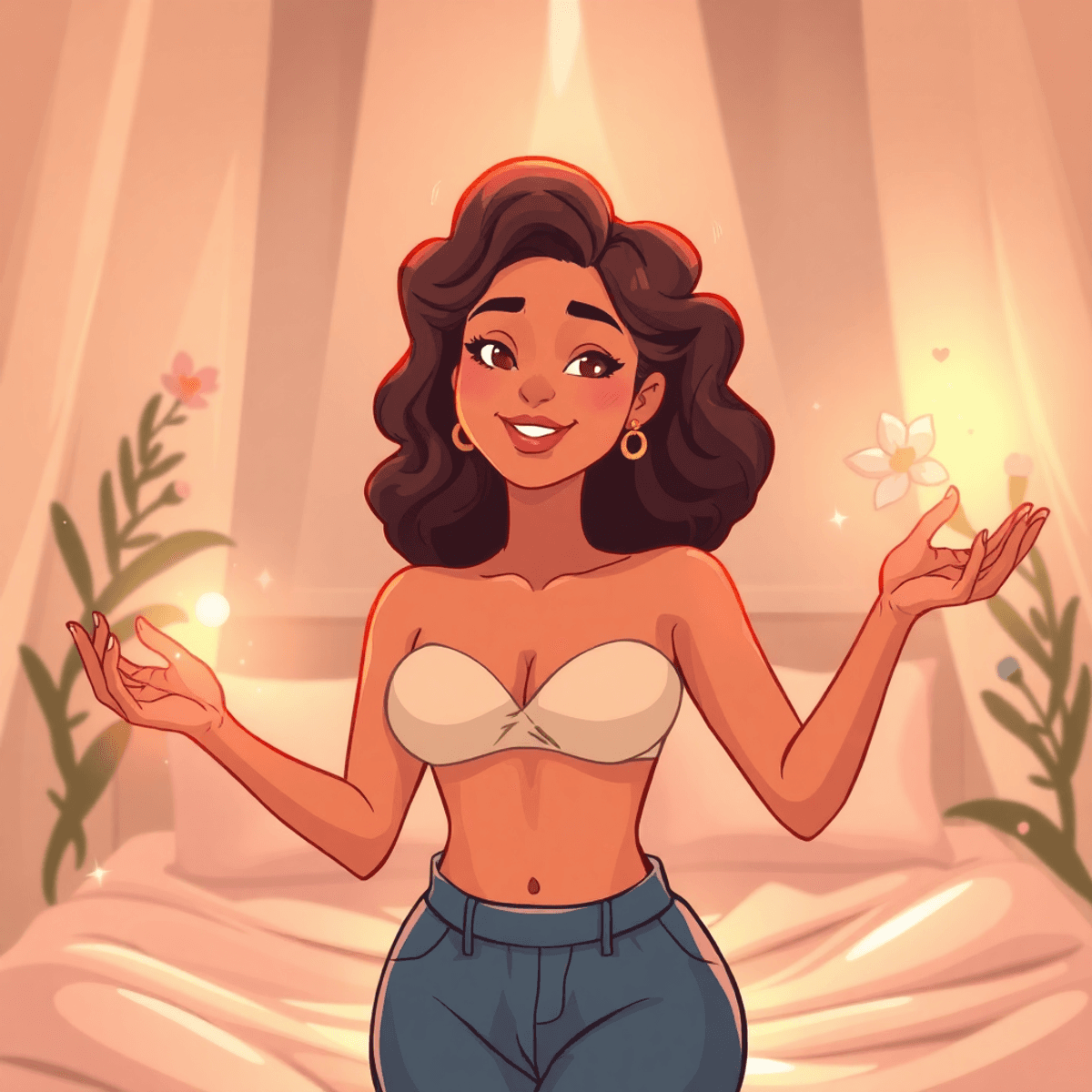 Cartoon of a confident woman in a warm, softly lit boudoir with blooming flowers and gentle light rays symbolizing healing and self-love.