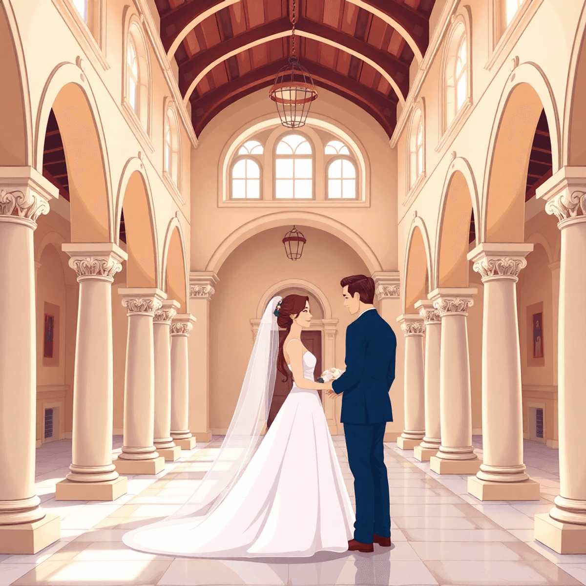 Cartoon-style classic wedding venue with elegant arches and columns, bathed in soft natural light, creating a romantic backdrop for portraits.