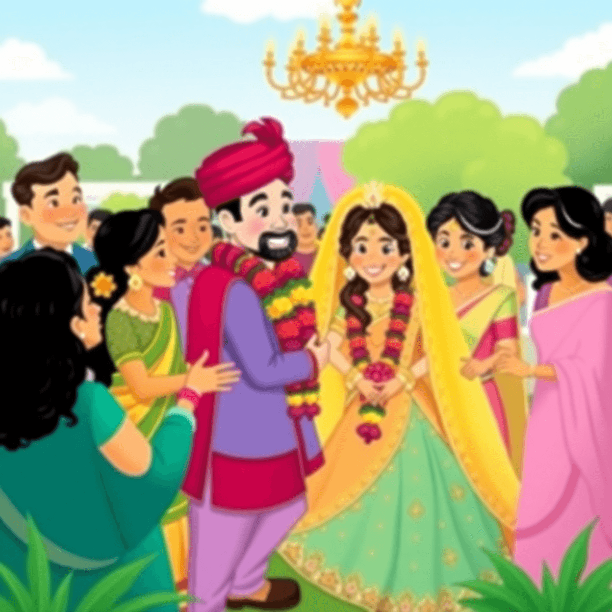 Cartoon-style vibrant wedding baraat with colorful attire, joyful faces, garland exchange, and sacred fire ceremony in an elegant outdoor setting.