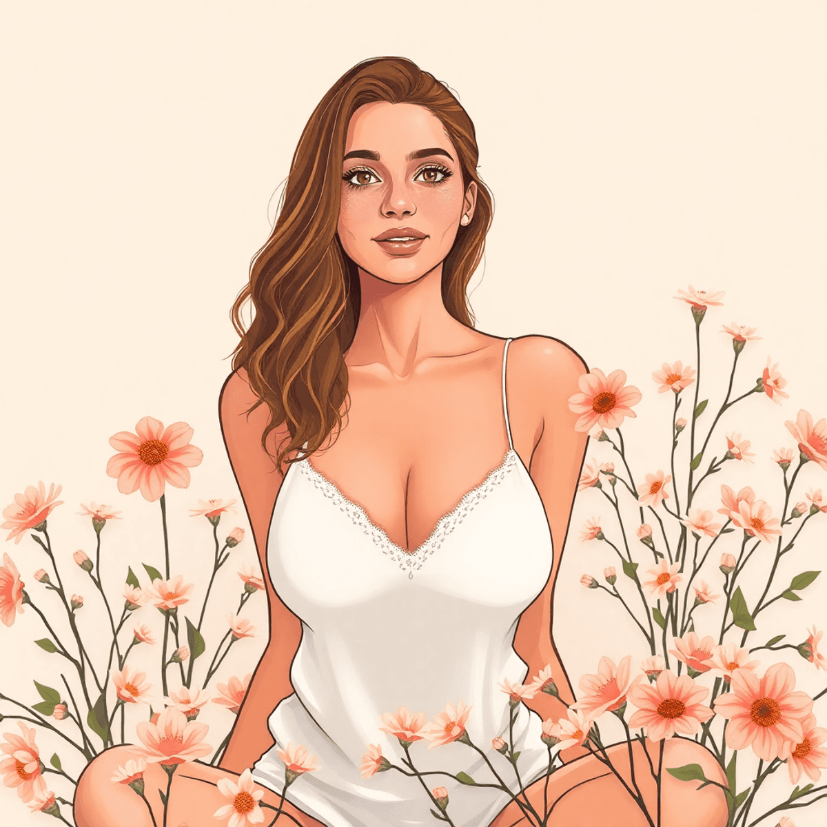 Cartoon of a confident woman posing solo in a softly lit studio with delicate flowers and warm tones, expressing vulnerability and empowerment.