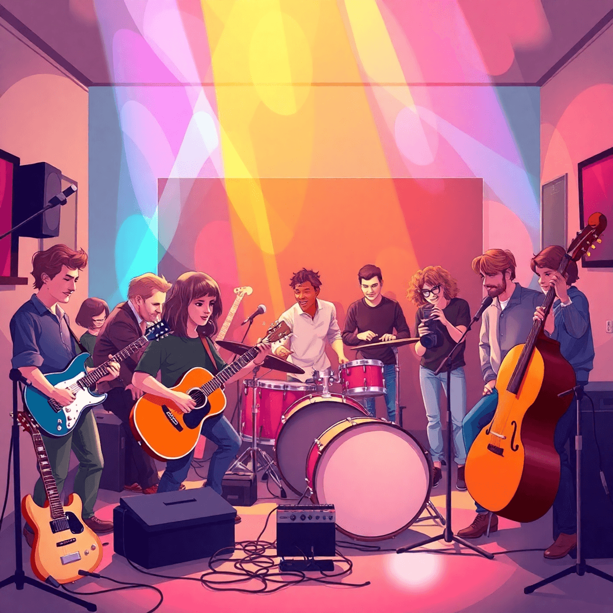 Cartoon-style vibrant studio scene with musicians playing guitars and drums, photographers capturing moments, surrounded by colorful abstract light patterns.