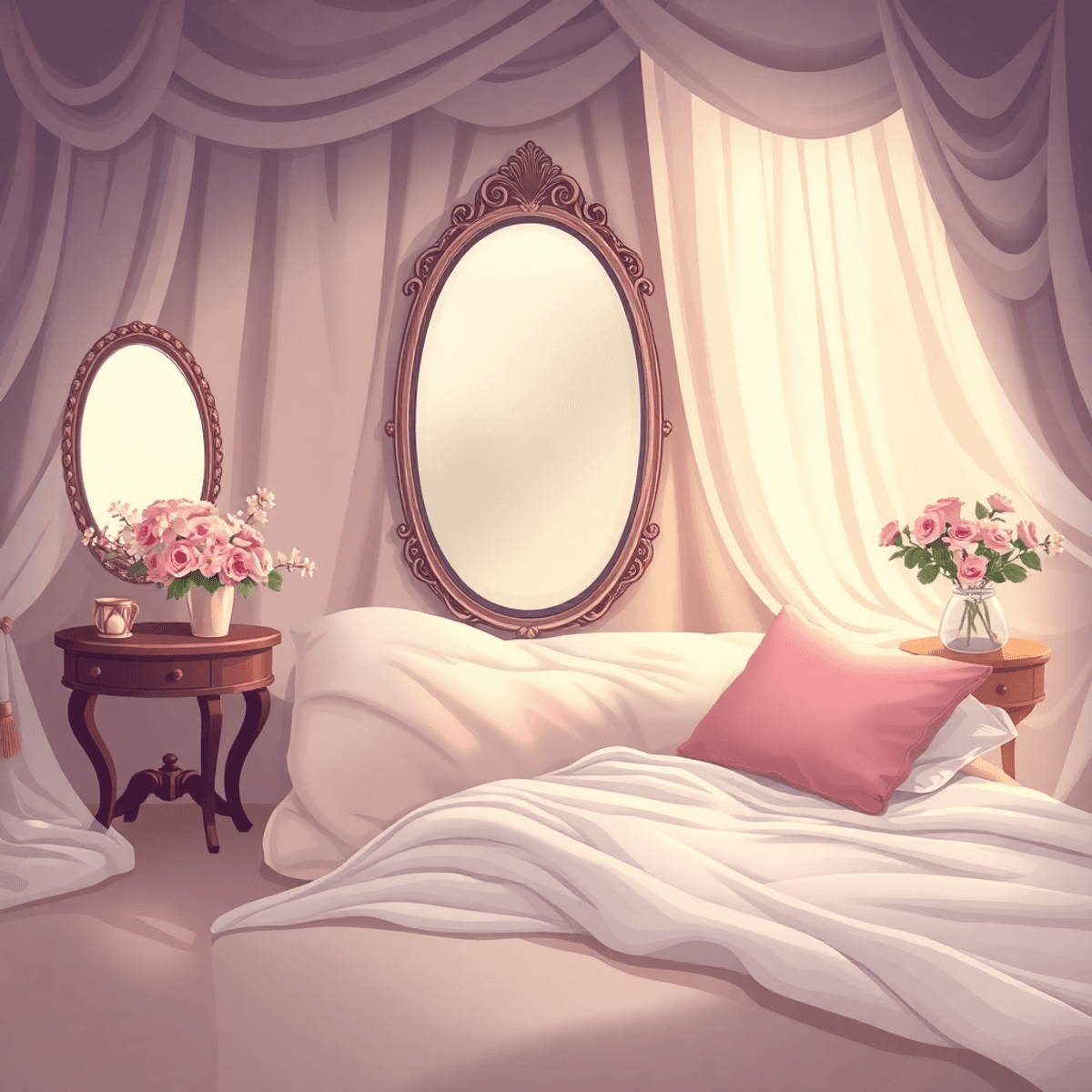 A cozy boudoir scene in cartoon style, with soft fabrics, gentle lighting, a vintage mirror, delicate flowers, and a plush bed, radiating warmth and empowerment.