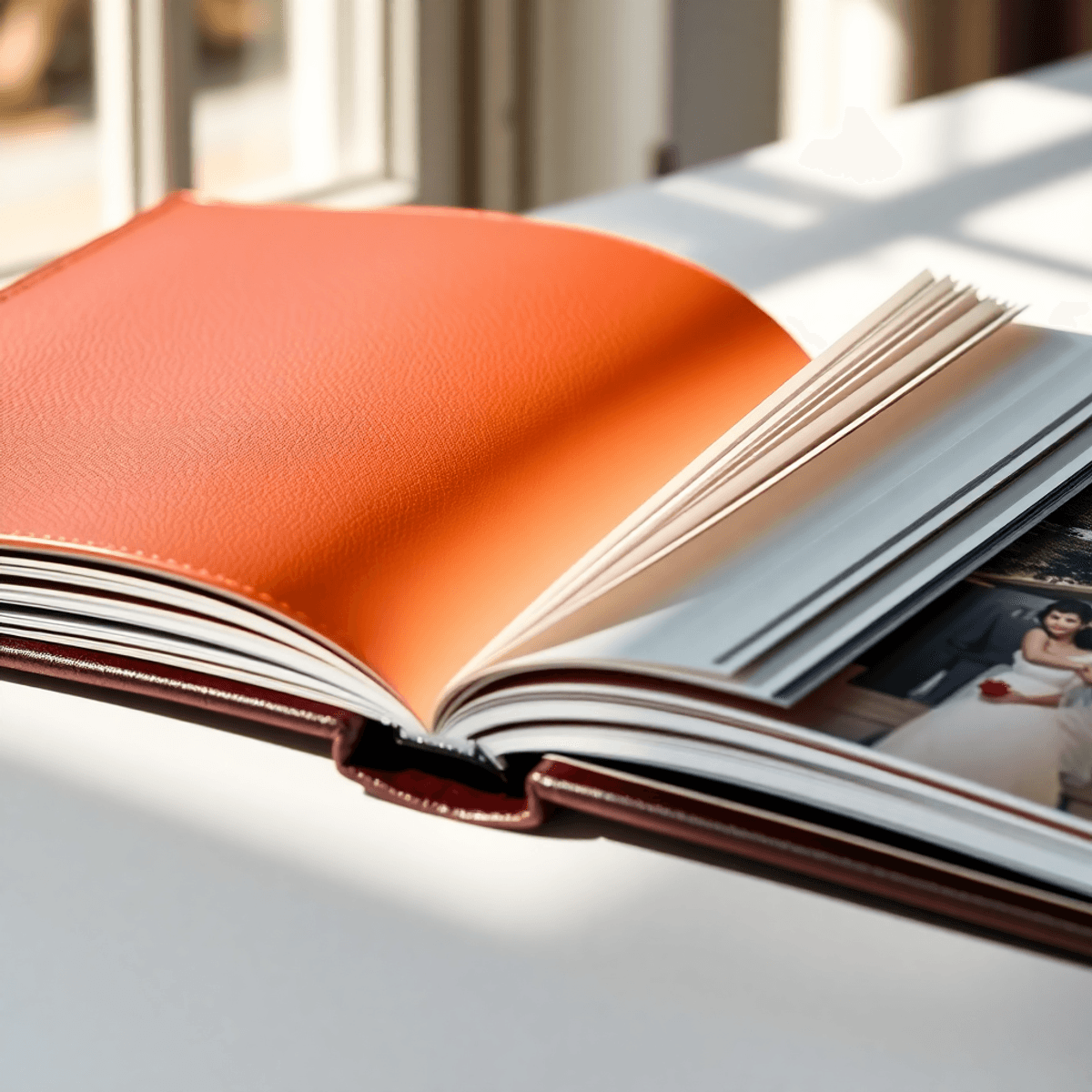 Close-up of an open wedding photo album with rich leather and vegan textured cover, thick archival pages, bathed in soft natural light, cartoon style.