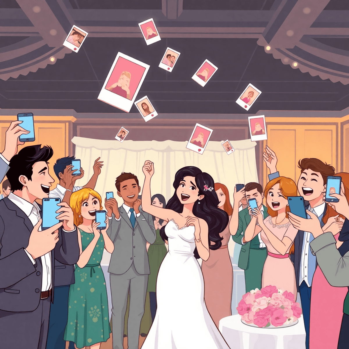 Cartoon wedding scene with guests taking photos, vibrant instant prints floating around, set in a warm, softly lit elegant reception.