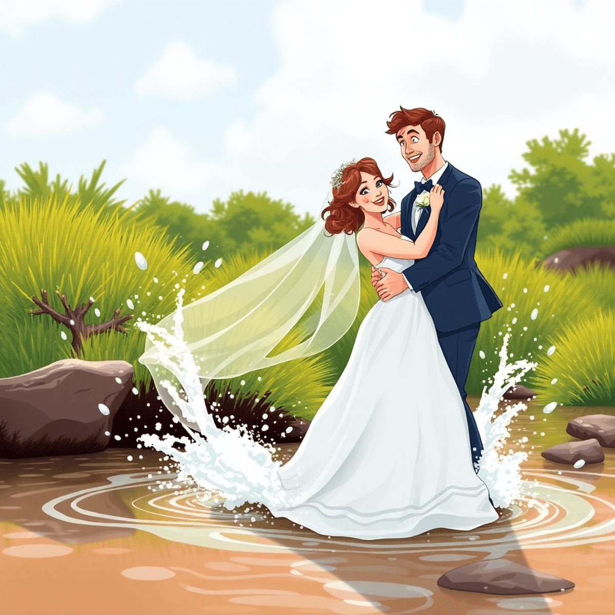 Cartoon of bride and groom playfully splashing water in vibrant green outdoor setting during a fun post-wedding photo session.