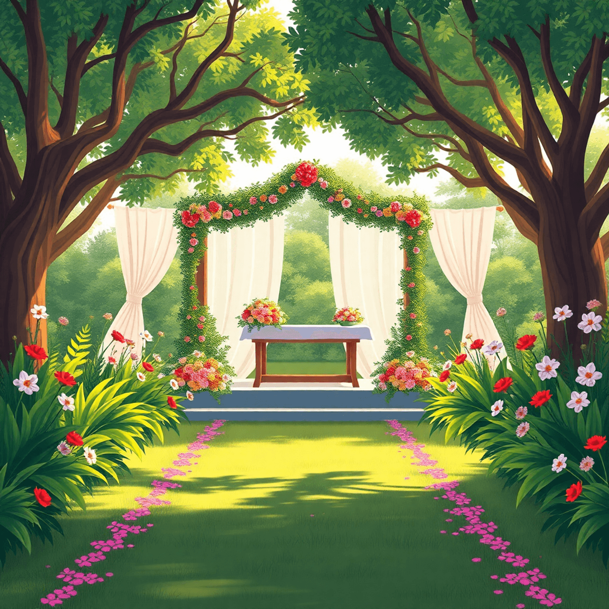 A cartoon-style outdoor wedding scene with a decorated altar amidst greenery and colorful flowers, featuring soft light, a weather symbol, and a camera for photography.
