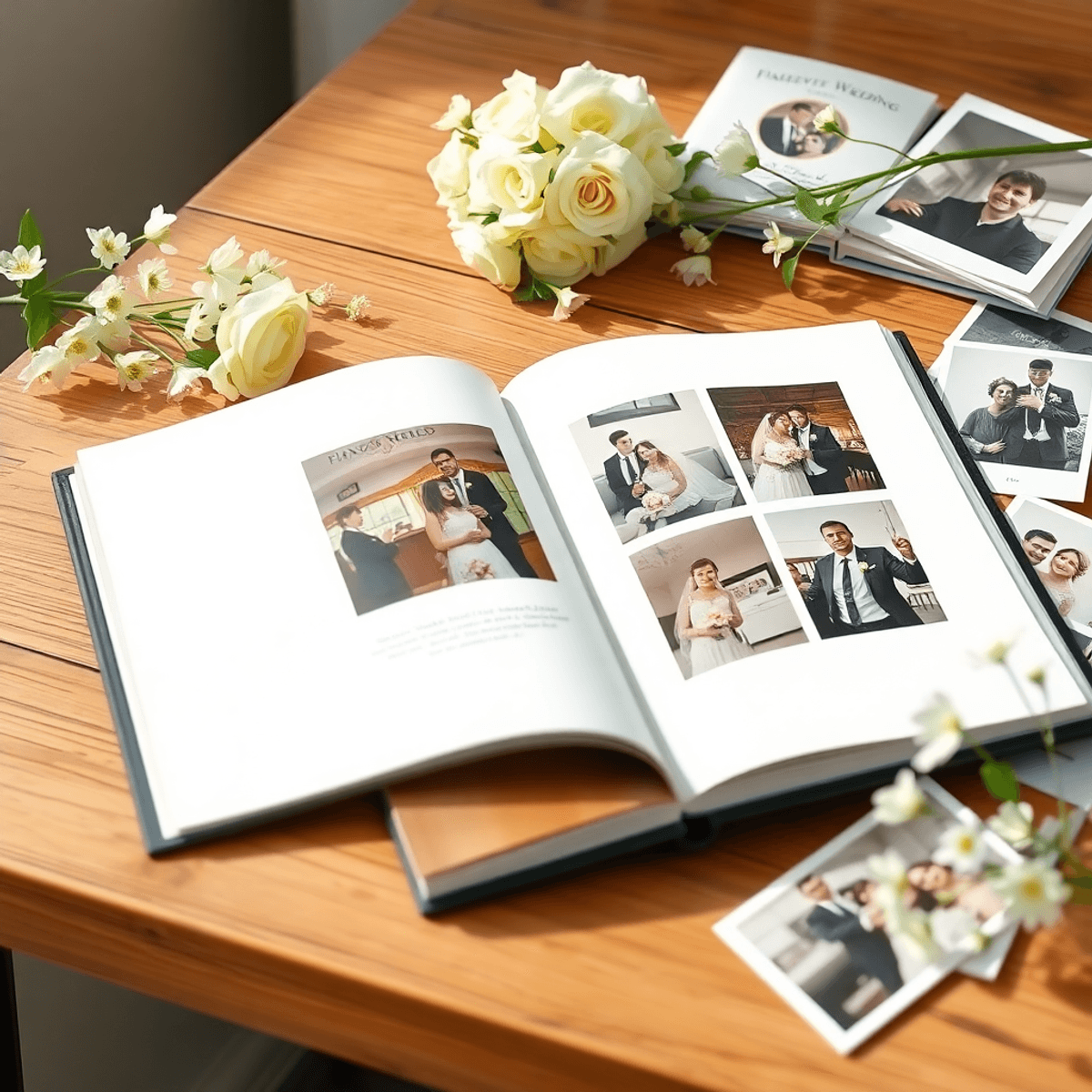 Cartoon-style wedding album open on wooden table, surrounded by flowers and vintage photos, bathed in soft natural light.