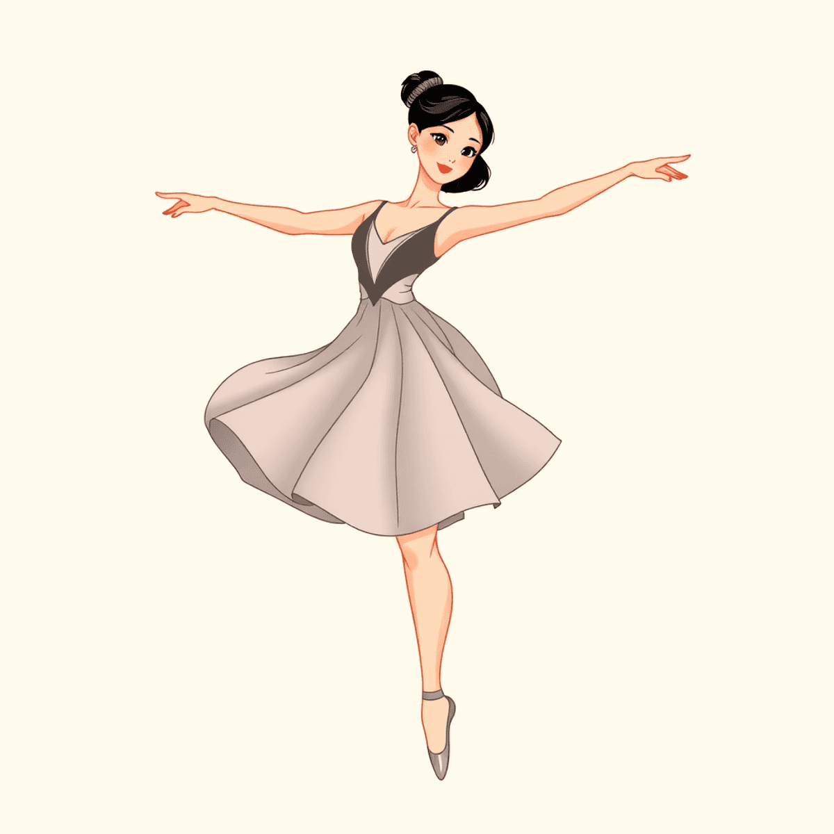 Cartoon of a graceful female ballet dancer in a flowing costume, striking an elegant pose with pointed toes against a soft, neutral background.