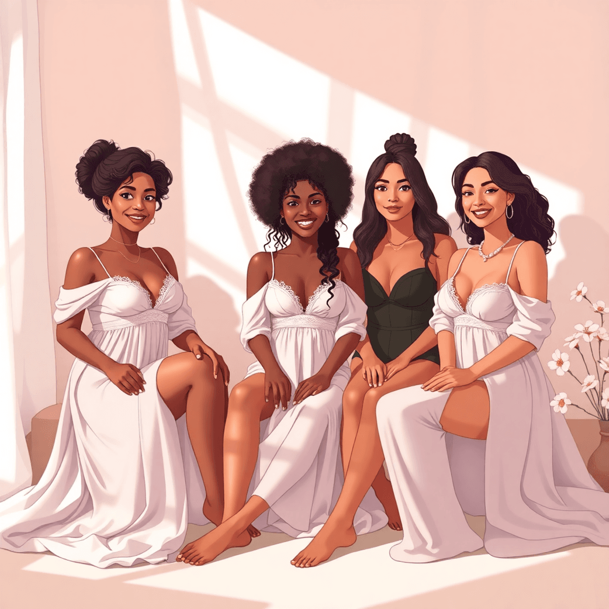 Cartoon-style boudoir studio with soft lighting, relaxed individuals, flowing fabrics, and delicate flowers creating a cozy, empowering atmosphere.