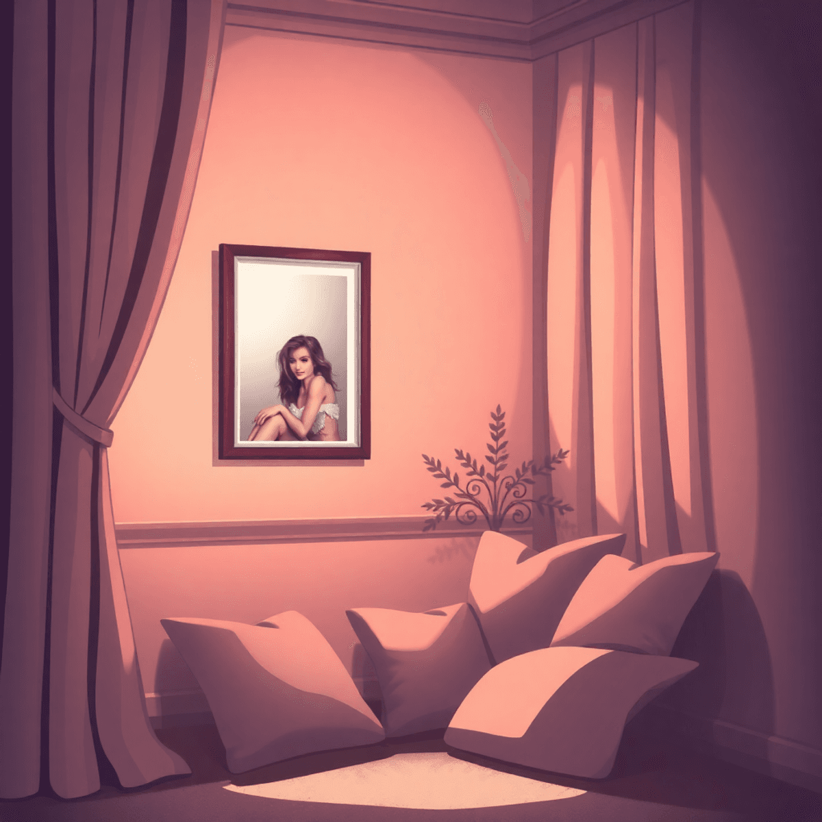 Cartoon-style cozy corner with framed boudoir art, soft curtains, plush cushions, and warm lighting creating a private, confident atmosphere.