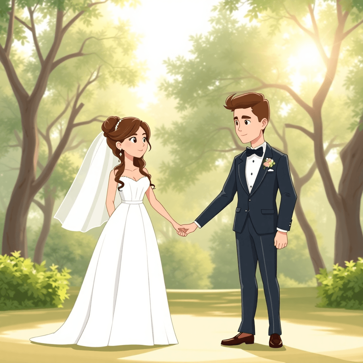 Cartoon of a bride in an A-line white gown and groom in a tuxedo holding hands outdoors with sunlight filtering through trees, evoking timeless romance.