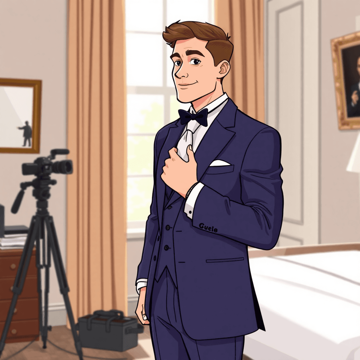 Cartoon of a groom in a classic suit adjusting his tie in an elegant room with wedding photography gear in the background.