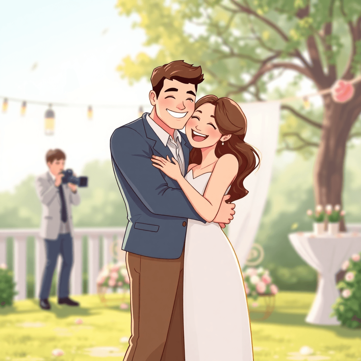 Cartoon of a couple embracing during an outdoor marriage proposal with a photographer in the background and elegant romantic decorations.