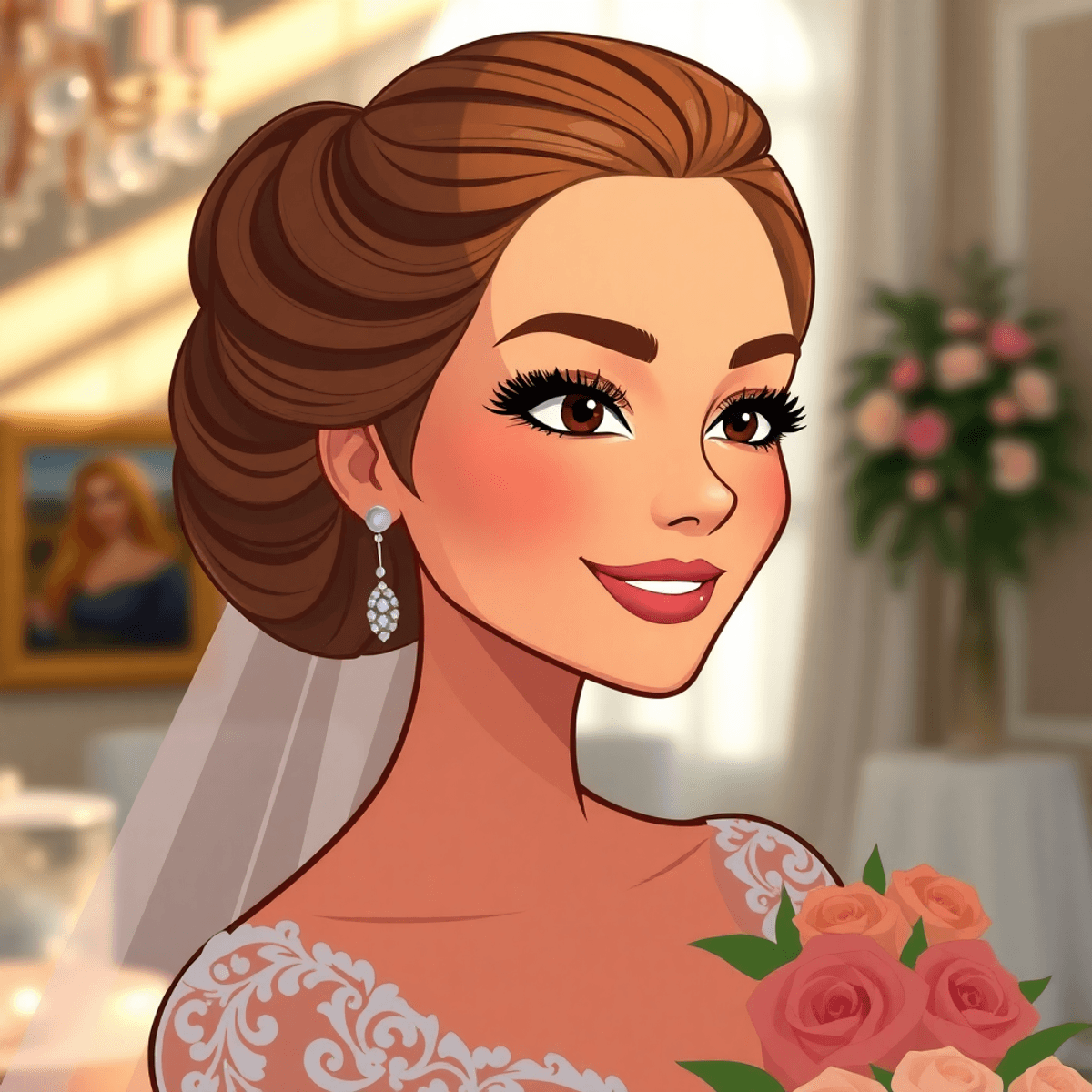 Cartoon bride with elegant updo and flawless makeup, glowing in natural light, surrounded by delicate floral accents and wedding decor.