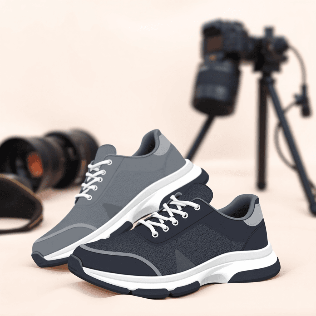 Cartoon-style modern shoes with cushioned soles on a soft background, blurred camera lens and tripod in the back, blending fashion and functionality.