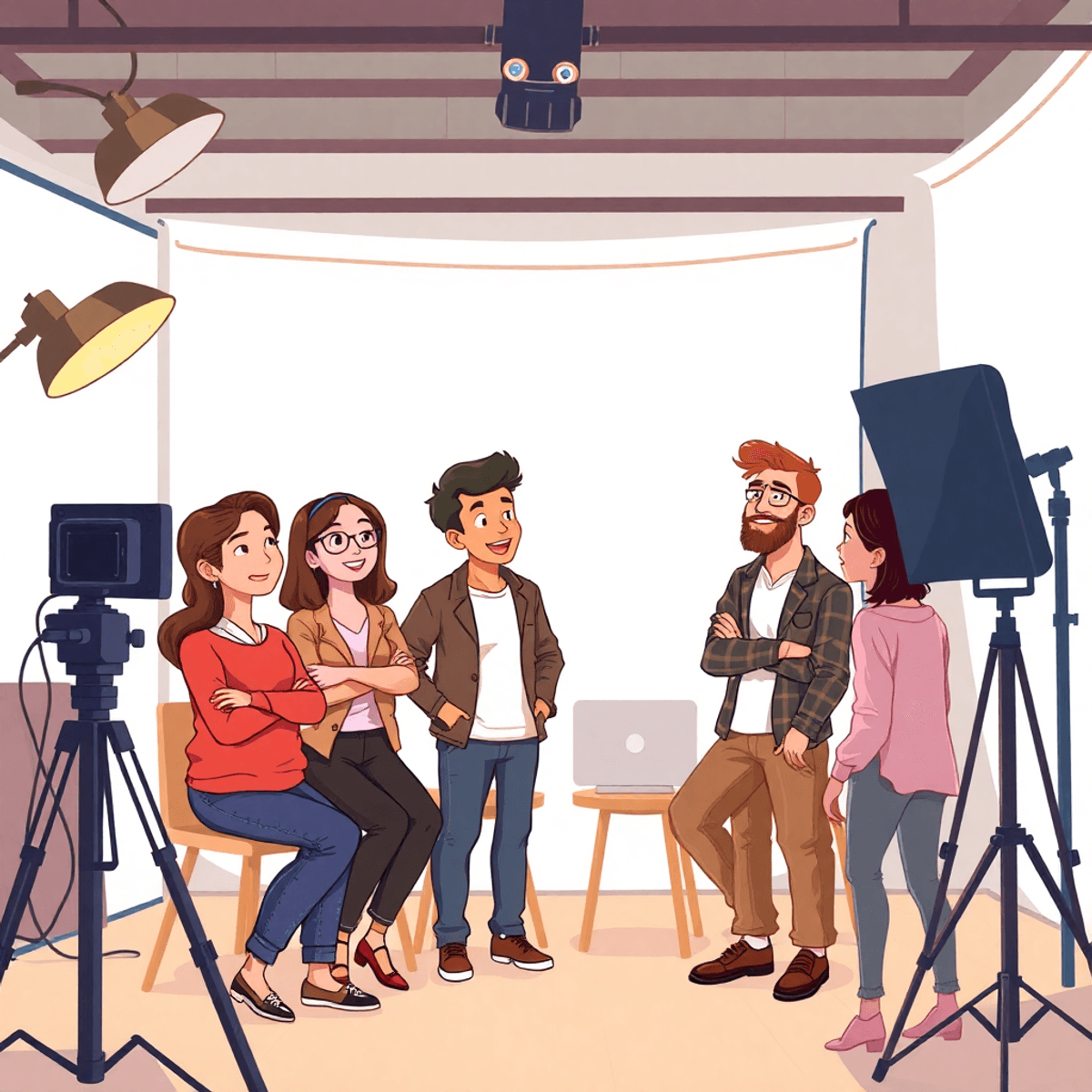 Cartoon-style photography studio with soft lighting, showing a photographer and two people discussing ideas in a warm, creative, and inclusive setting.