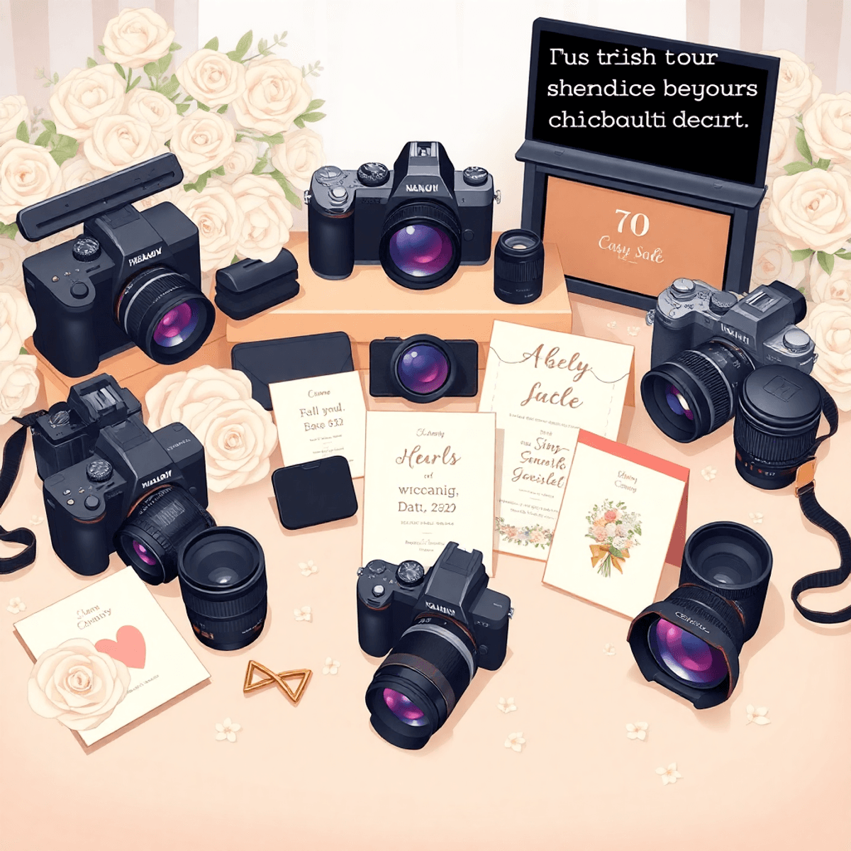 A cartoon-style wedding scene with photography equipment, personalized invitations, and floral arrangements, creating a warm, inviting atmosphere.