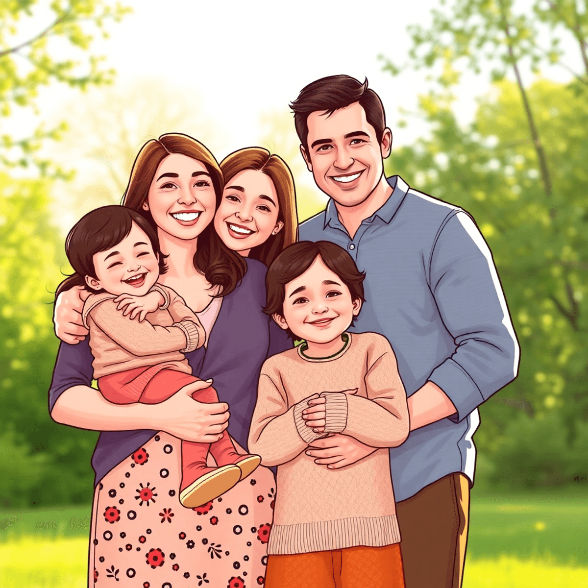 Cartoon-style family engagement photo of a joyful couple with two young children outdoors, surrounded by soft light and greenery, sharing genuine smiles.
