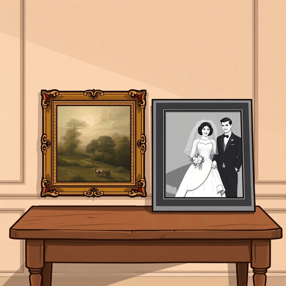 Cartoon-style vintage painting and black-and-white wedding photo side by side on a classic wooden table.