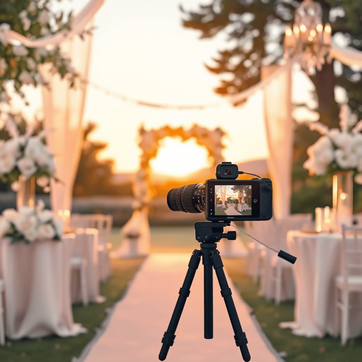 Cartoon-style outdoor wedding scene with elegant floral decor, soft golden lighting, fine fabrics, sparkling accents, and a camera on a tripod.