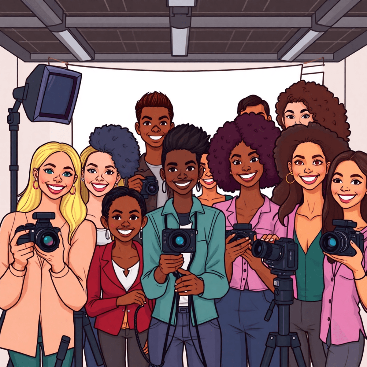 Cartoon of diverse photographers and models smiling confidently in a bright studio, celebrating inclusive beauty in portrait photography.