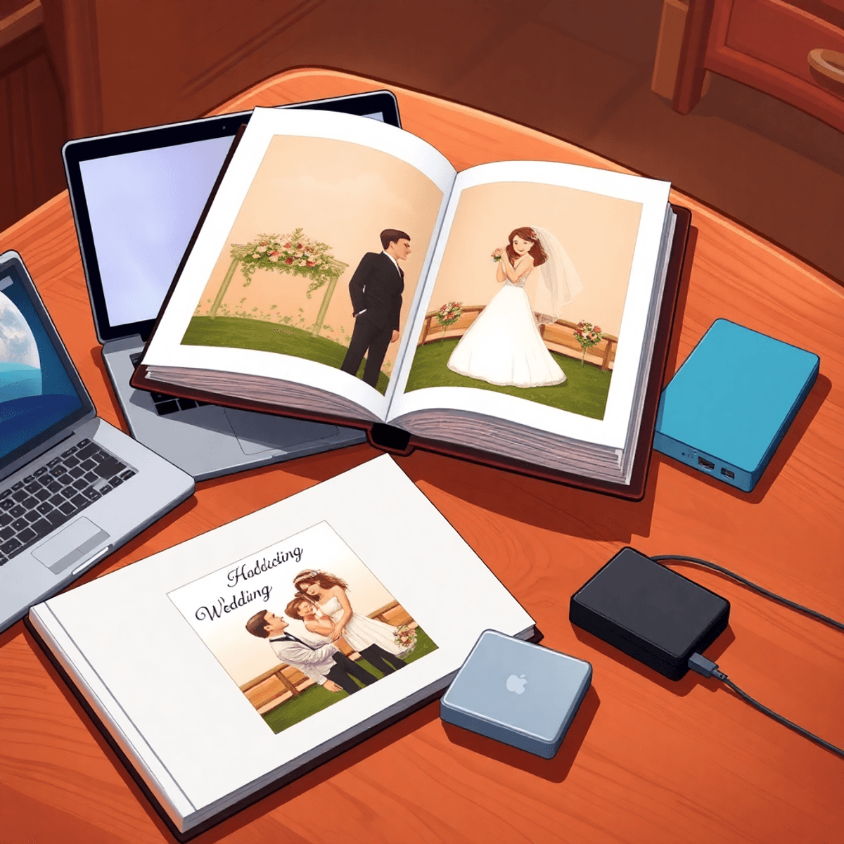 Open wedding album on wooden table with laptop and hard drives, warm lighting, cartoon style.