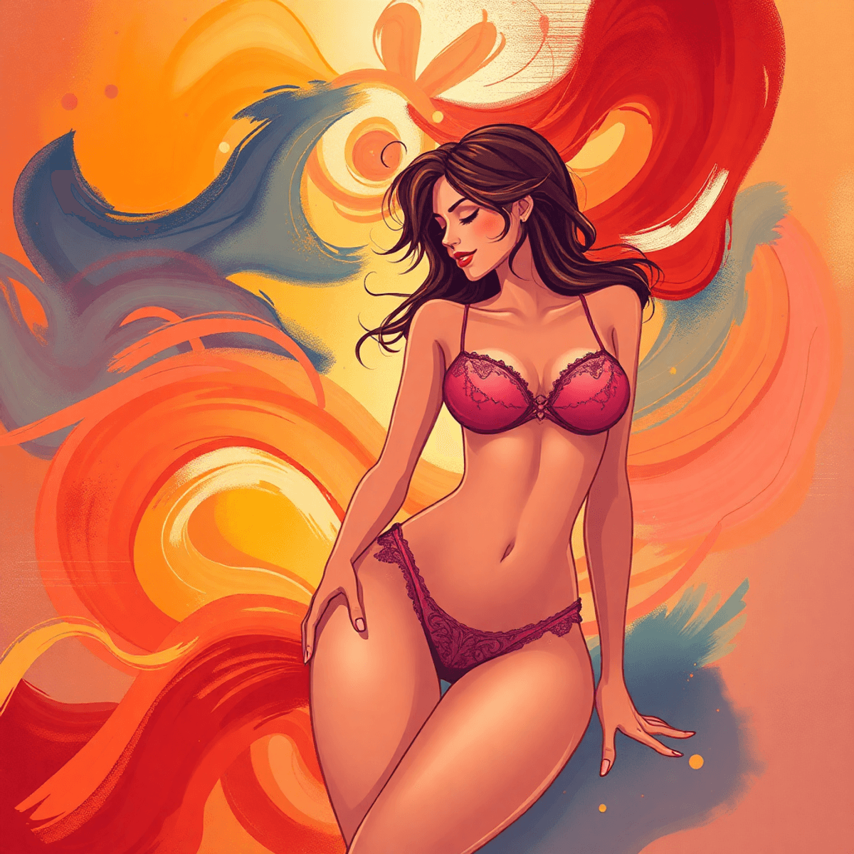 A vibrant abstract artwork depicting flowing shapes and warm colors, symbolizing sensuality and self-expression with elements of delicate lingerie and artistic brush strokes.