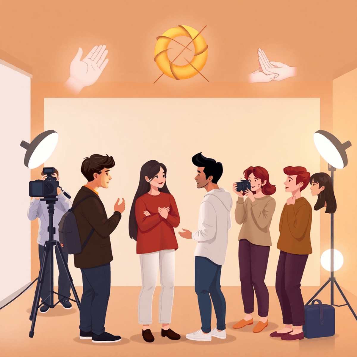 Cartoon-style photo studio with photographers and models collaborating respectfully, surrounded by glowing symbols of consent and trust.