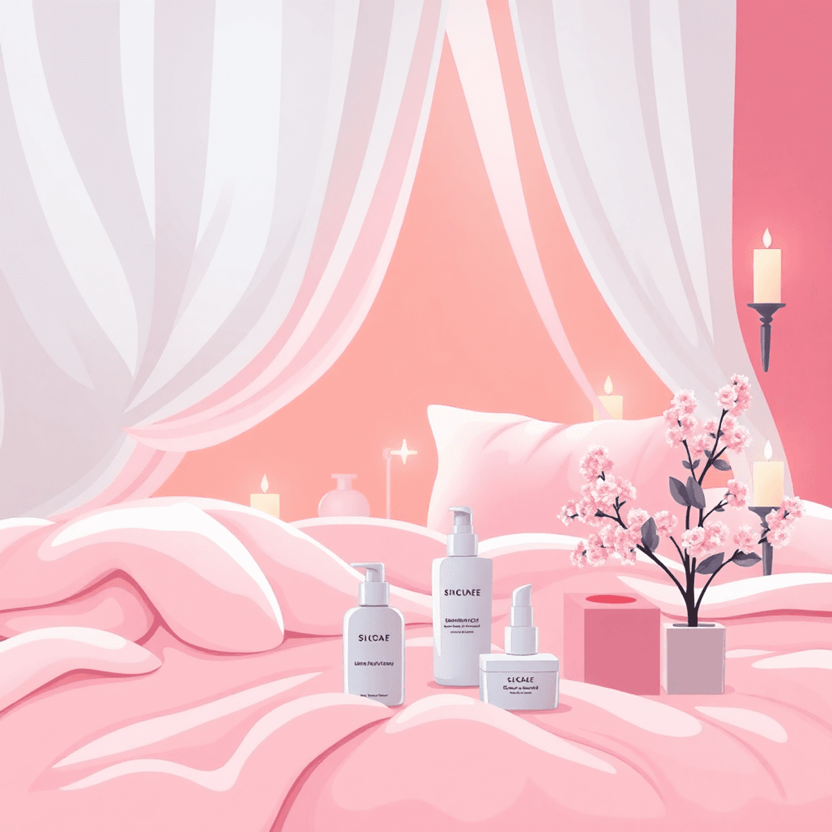 Cartoon-style boudoir with soft lighting, plush fabrics, and neatly arranged skincare products, evoking self-care and confidence.